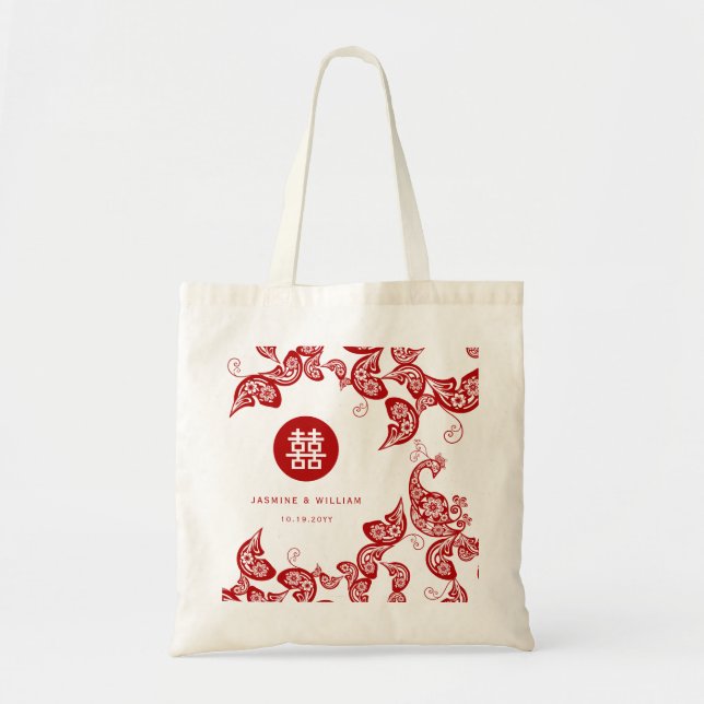 Bolso De Tela Boho Peacock Floral Rojo Elegante Boda Chino (Frente)