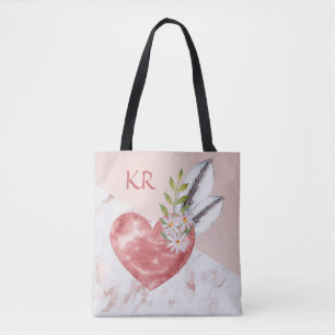 Bolso De Tela Boho Pink Heart Feathers Marble Pattern Initials