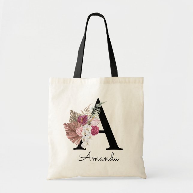 Bolso De Tela Boho rosa moderno Girly Floral Inicial A (Frente)