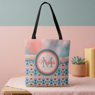 Bolso De Tela Boho Sky Azul Teal, Naranja & Rosa Patrón 