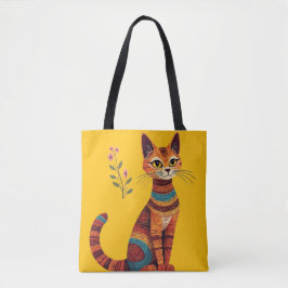 Bolso De Tela Boho Tribal Cat Cute Folk Art with Flowers
