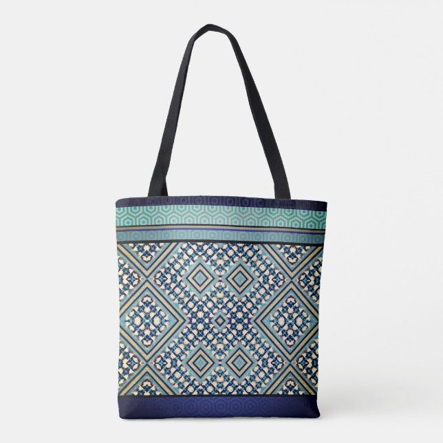 Bolso De Tela Boho Verde azulado, Tan, Negro, Tribal Azul (Reverso)