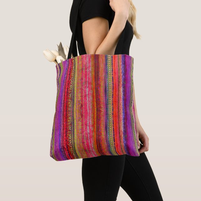 Bolso De Tela Boho Vintage Rojo Violeta Rayas -  (Detalle)