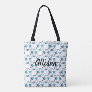 Bolso De Tela Bolas de fútbol azul y blanco turquesa con nombre