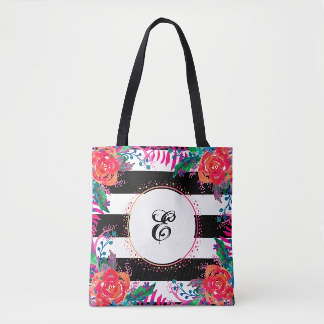 Bolso De Tela bollos florales personalizados y rayas negras (Anverso)
