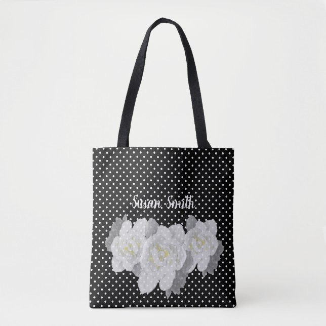Bolso De Tela Bonita gardenia blanca flor Polka blanco negro pun (Anverso)
