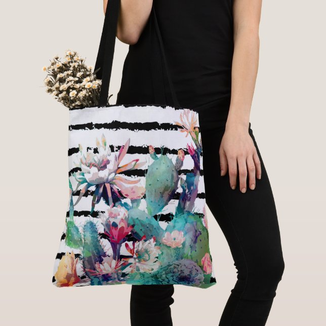 Bolso De Tela Bonito acuarela Cactus Bandas Negras Florales (Detalle)