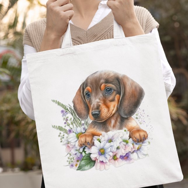 Bolso De Tela Bonito acuarela Dachshund Puppy Floral (Adorable!
)