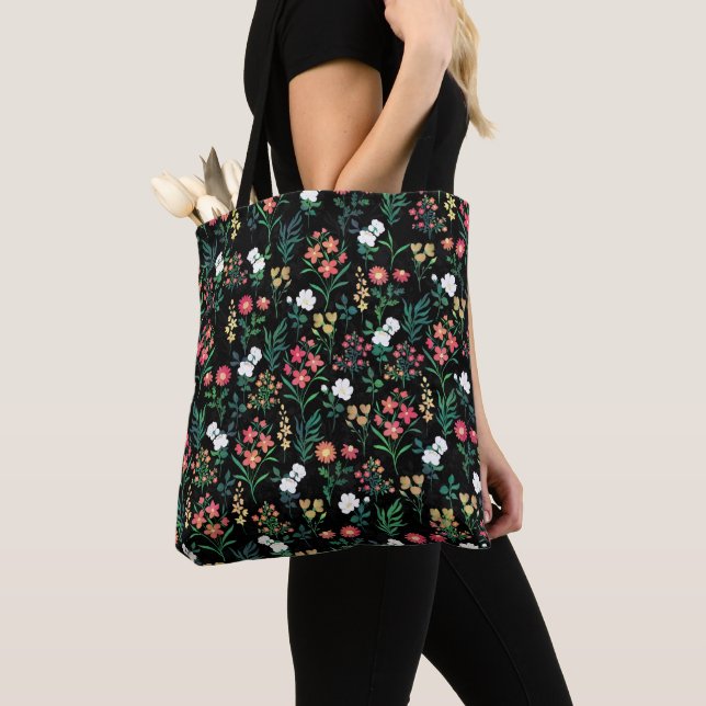 Bolso De Tela Bonito acuarela Floral Negro Botánico (Detalle)