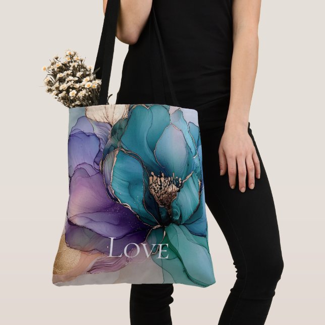 Bolso De Tela Bonito Aqua Blue Purple Gold Floral Love (Detalle)