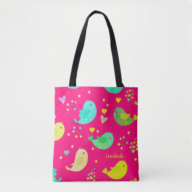 Bolso De Tela Bonito Aves Cutas Corazones de Amor (Anverso)
