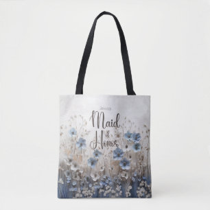 Bolso De Tela Bonito Azul/Flor Blanca Criada de honor