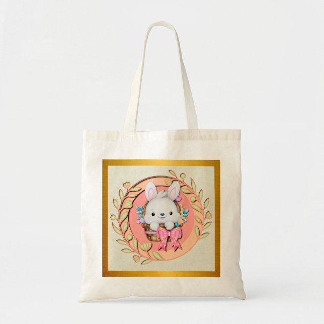 Bolso De Tela Bonito conejo de Pascua sentado en la canasta (Frente)