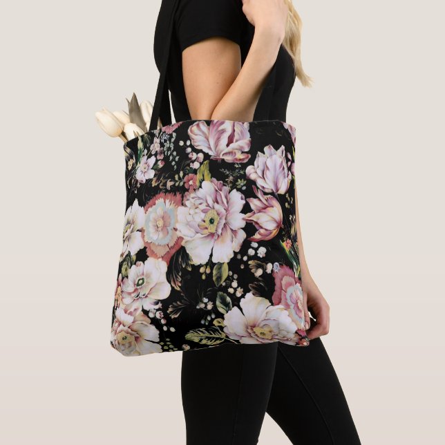 Bolso De Tela bonito elegante giratoria moda rosa negro floral (Detalle)