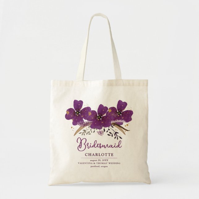Bolso De Tela Bonito Flores Pintadas Púrpura Bridesmaid Tote Bag (Frente)
