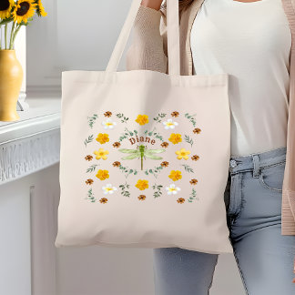 Bolso De Tela Bonito Flores salvajes libélula en oro con nombre