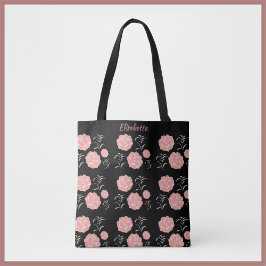 Bolso De Tela Bonito grandes rosas rosadas con follaje en negro