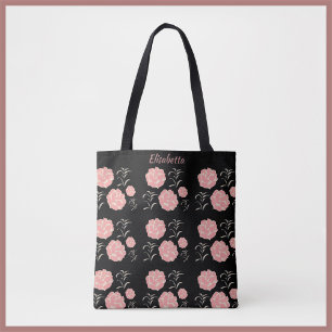 Bolso De Tela Bonito grandes rosas rosadas con follaje en negro
