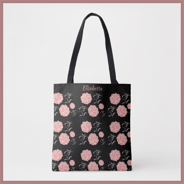 Bolso De Tela Bonito grandes rosas rosadas con follaje en negro (Subido por el creador)