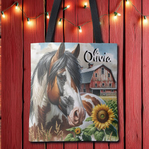 Bolso De Tela Bonito marrón y caballo blanco en granja rústica