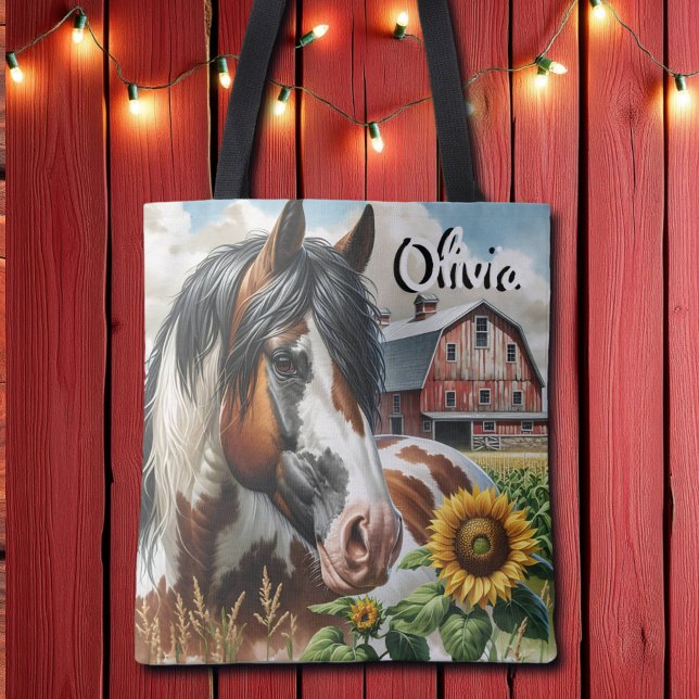 Bolso De Tela Bonito marrón y caballo blanco en granja rústica (Subido por el creador)