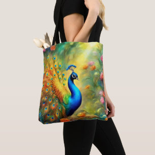 Bolso De Tela Bonito pavo real en el ave 98 del jardín
