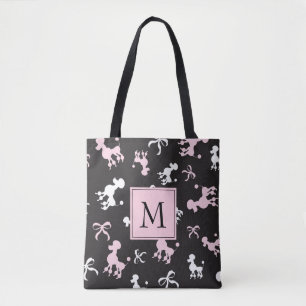 Bolso De Tela Bonito Poodles Monograma rosa y negro