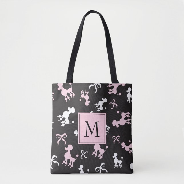 Bolso De Tela Bonito Poodles Monograma rosa y negro (Anverso)