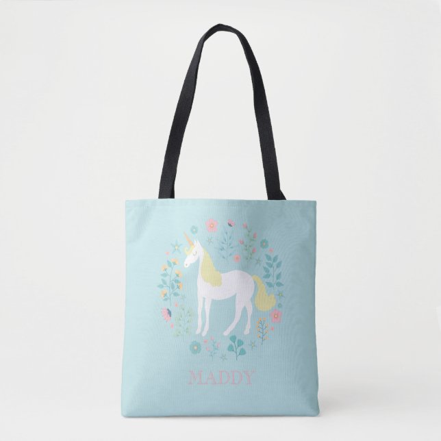 Bolso De Tela Bonito Unicornio y Flores Aqua Personalizada (Anverso)