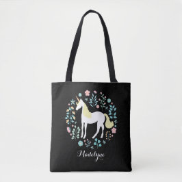 Bolso De Tela Bonito Unicornio y flores negras personalizadas