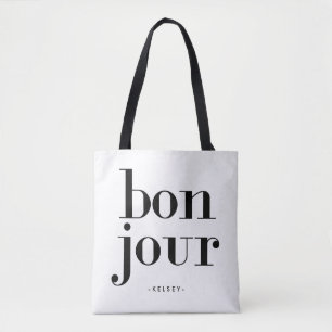 Bolso De Tela Bonjour blanco y negro elegante parisiense