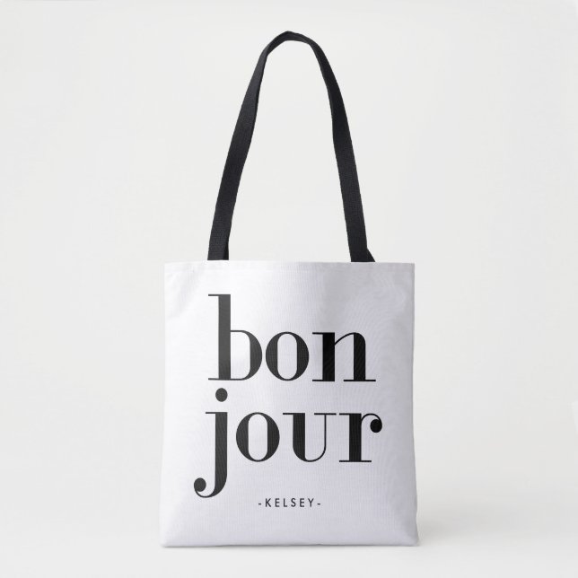 Bolso De Tela Bonjour blanco y negro elegante parisiense (Anverso)