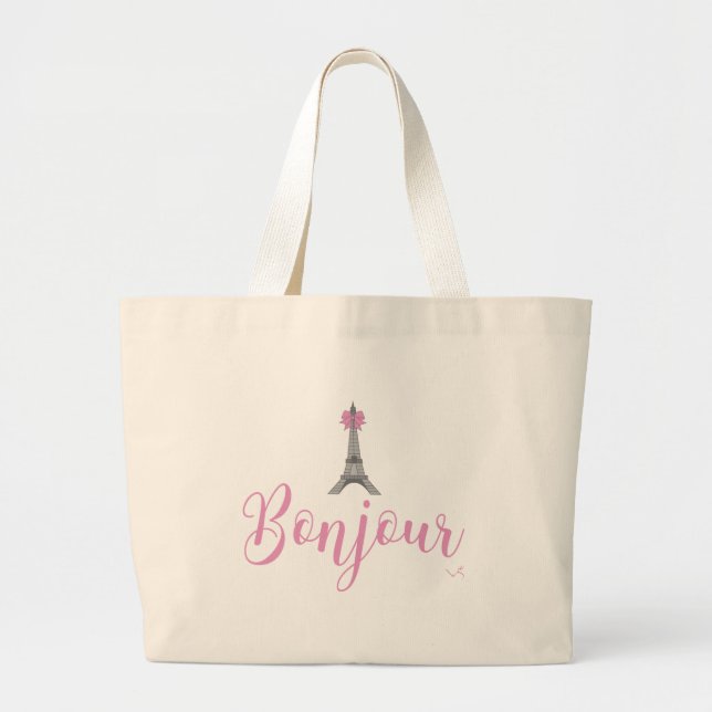Bolso De Tela Bonjour-grey-Eiffel-Tower-pink-bow2 (Frente)
