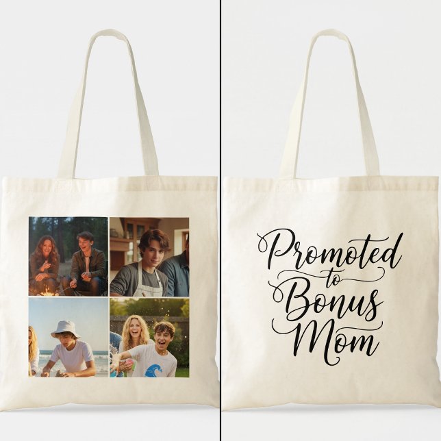 Bolso De Tela Bonus Mom Promoted Elegant Cursive Four Photo (Subido por el creador)