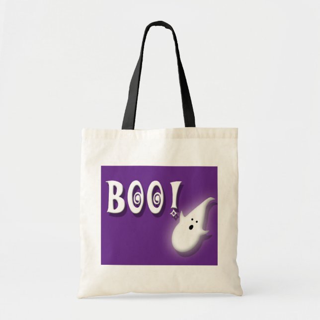 Bolso De Tela ¡Boo! Púrpura fantasma de Halloween (Frente)