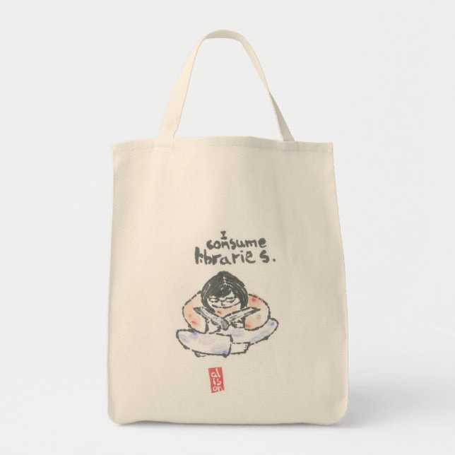 Bolso De Tela Bookbag -- "Consumo bibliotecas " (Frente)
