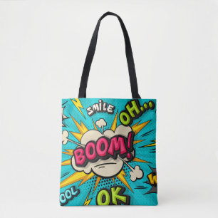 Bolso De Tela Boom burbuja de arte pop. Sonría, guau, pow, cool,
