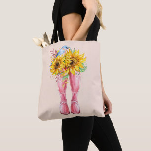 Bolso De Tela Boots rosados, pájaros azules y girasoles