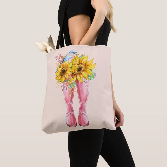 Bolso De Tela Boots rosados, pájaros azules y girasoles (Detalle)