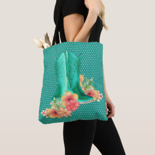 Bolso De Tela Boots Y Flores De Vaquera Occidentales Con Anteced