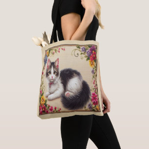 Bolso De Tela Borde de flores coloridas de felino fino japonés