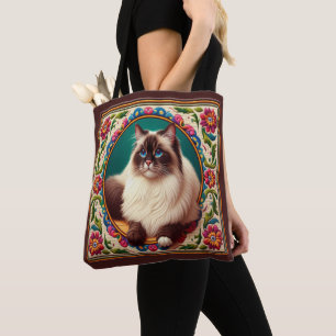 Bolso De Tela Borde de flores coloridas de gato birmano decorati