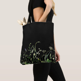 Bolso De Tela Borde de flores silvestres sobre negro