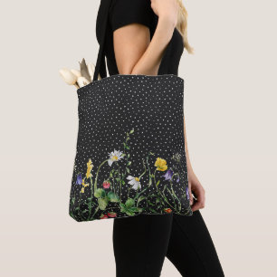 Bolso De Tela Borde de flores silvestres sobre puntos de polka