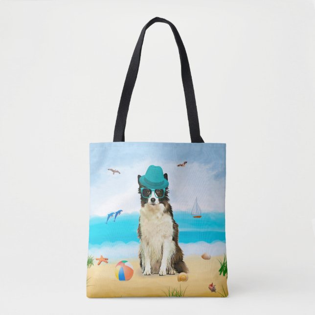 Bolso De Tela Borde de Perro Collie en la playa (Anverso)
