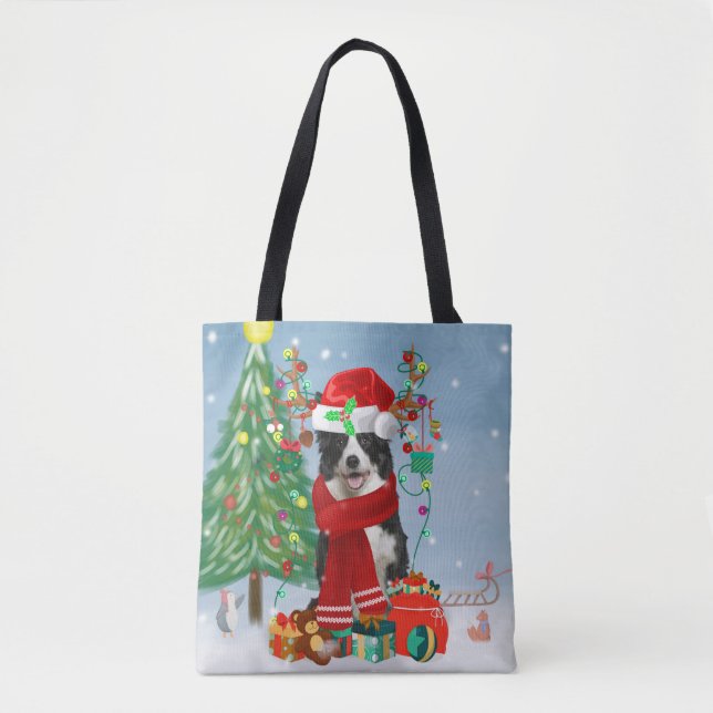 Bolso De Tela Borde del perro Collie en Nieve con regalos de Nav (Anverso)