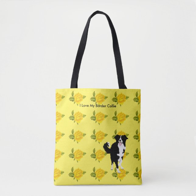 Bolso De Tela Border collie y rosas amarillos (Anverso)