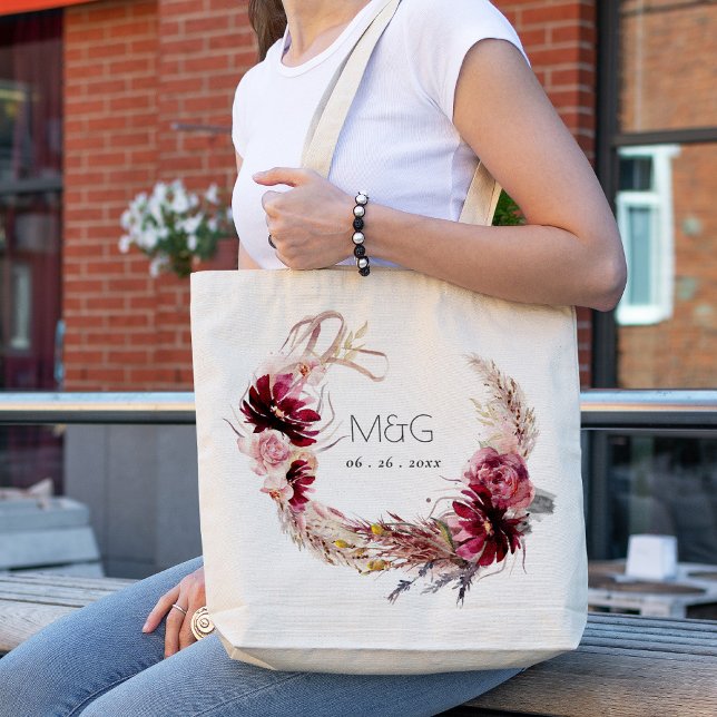 Bolso De Tela Borgoña Rubor Floral Pampas Grass Boda (Subido por el creador)