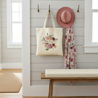 Bolso De Tela Borgoña y acuarela rosa floral personalizada