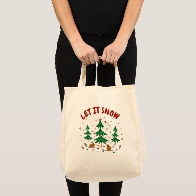 Bolso De Tela Bosque de Navidad estrellado con conejos (Anverso (producto))